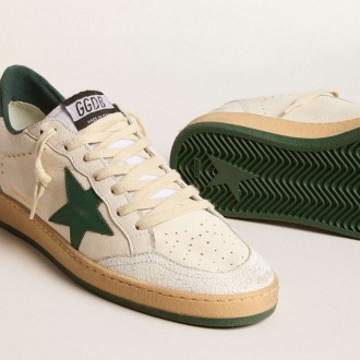 Golden Goose Women's Ball Star Sneakers Wishes In White Nappa Leather With Green Leather Star And Heel Tab GWF00117.F005821.10361