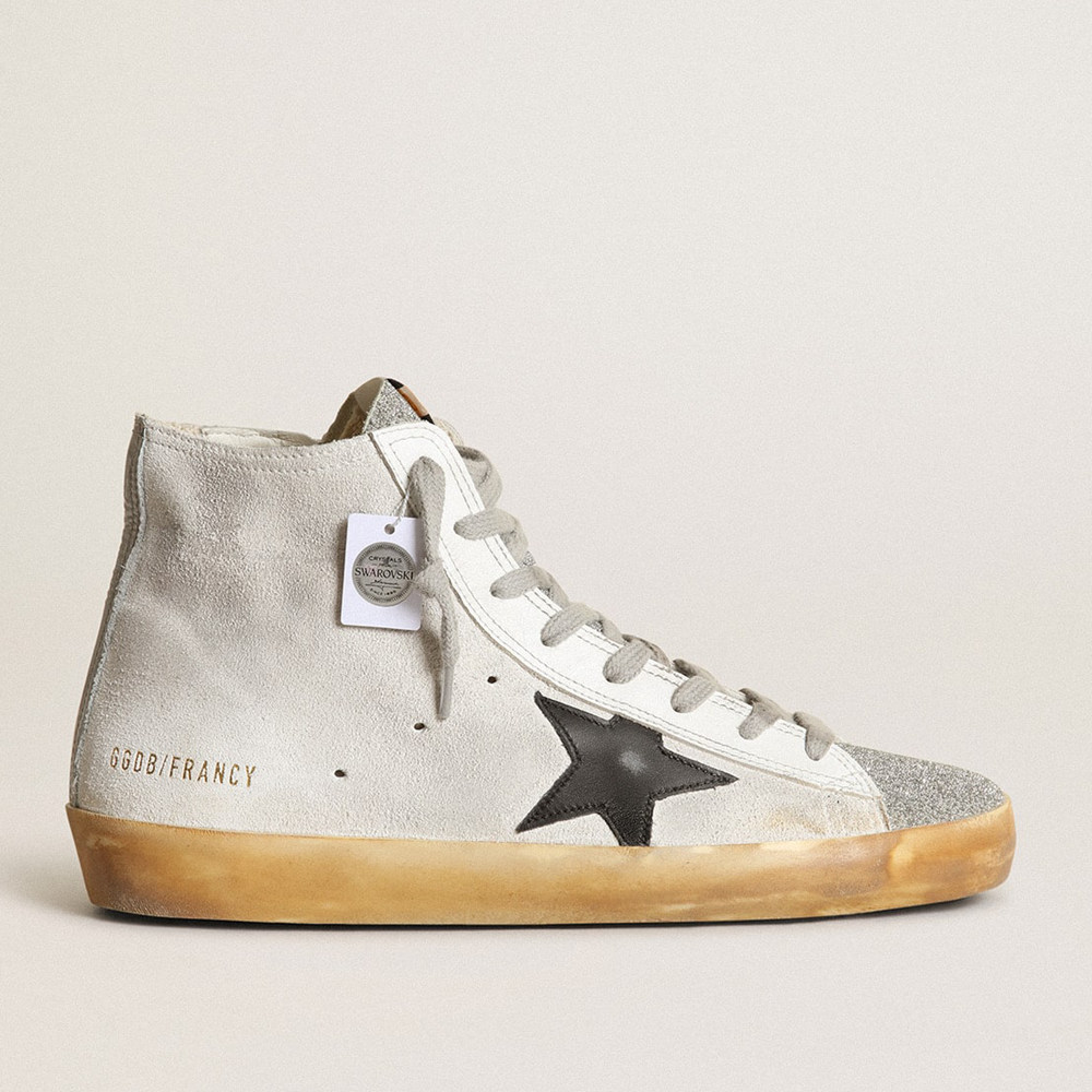 Golden Goose Women's Francy Sneakers In White Suede With Black Leather Star And Silver Swarovski Crystal Tongue GWF00113.F003367.10250