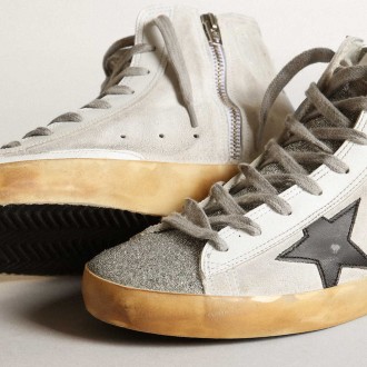 Golden Goose Women's Francy Sneakers In White Suede With Black Leather Star And Silver Swarovski Crystal Tongue GWF00113.F003367.10250