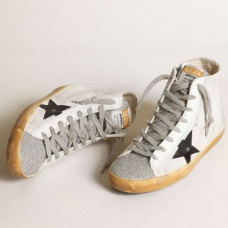 Golden Goose Women's Francy Sneakers In White Suede With Black Leather Star And Silver Swarovski Crystal Tongue GWF00113.F003367.10250