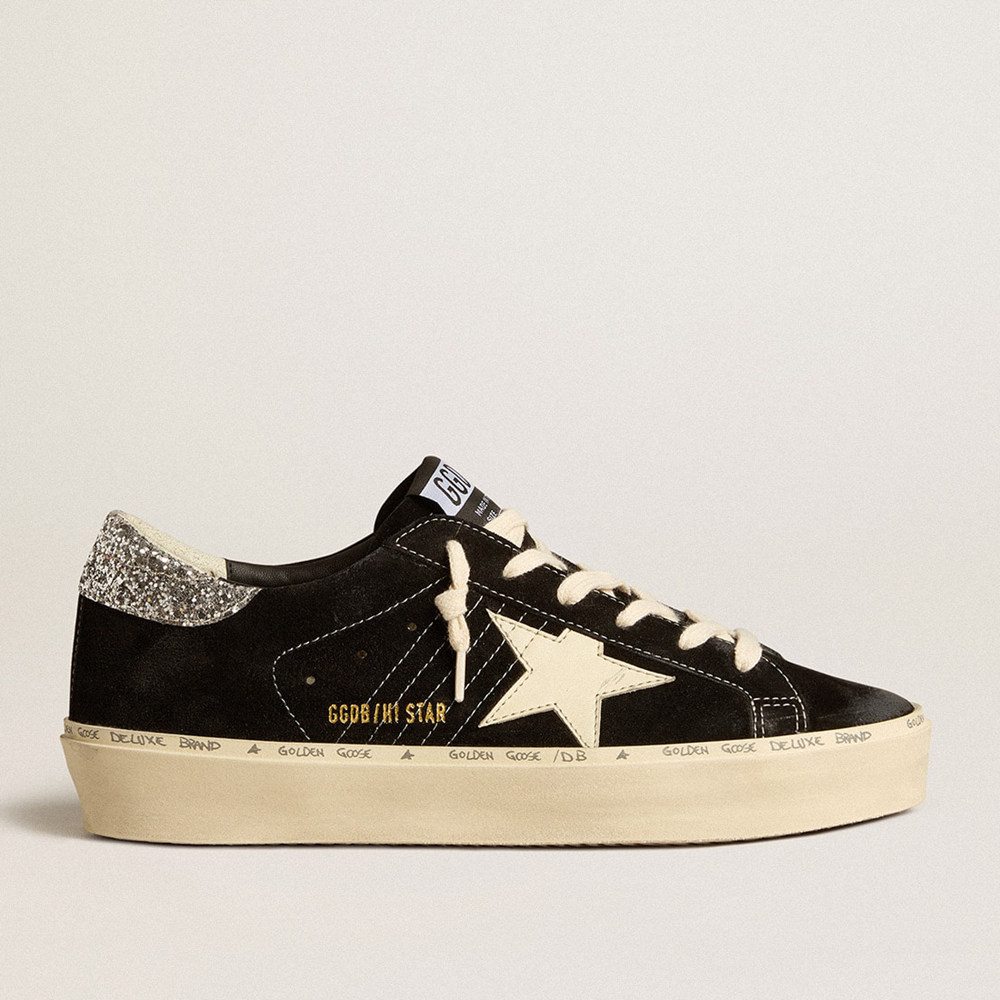 Golden Goose Women's Hi Star Sneakers In Black Leather With Silver Glitter Heel Tab GWF00118.F005045.90201