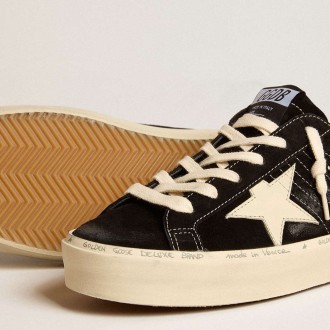 Golden Goose Women's Hi Star Sneakers In Black Leather With Silver Glitter Heel Tab GWF00118.F005045.90201