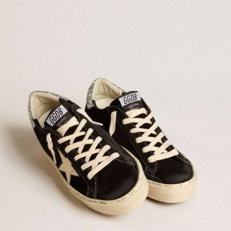 Golden Goose Women's Hi Star Sneakers In Black Leather With Silver Glitter Heel Tab GWF00118.F005045.90201