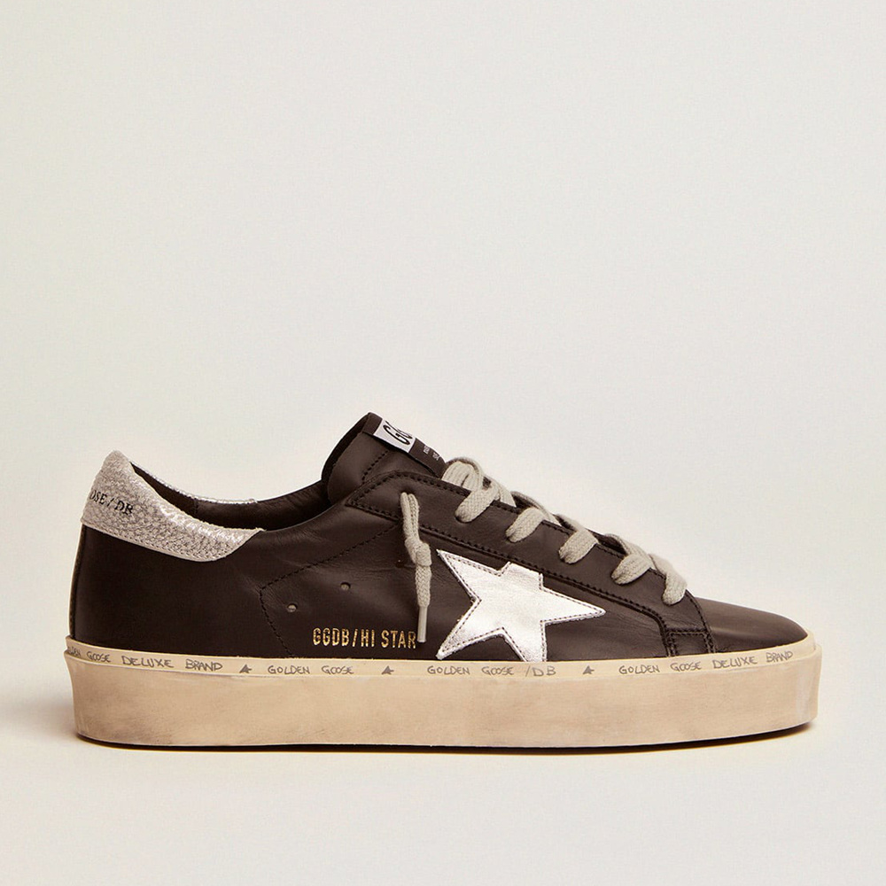 Golden Goose Women's Hi Star Sneakers In Black Leather With Silver Laminated Leather Star GWF00118.F000328.90179