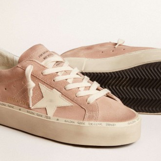 Golden Goose Women's Hi Star Sneakers In Pink Suede With Cream Star And Silver Leather Heel Tab GWF00118.F005857.25726