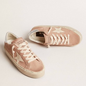 Golden Goose Women's Hi Star Sneakers In Pink Suede With Cream Star And Silver Leather Heel Tab GWF00118.F005857.25726