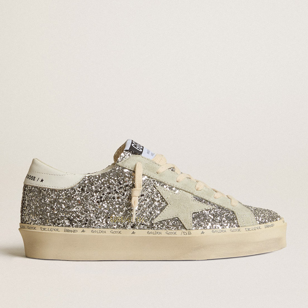 Golden Goose Women's Hi Star Sneakers In Silver Glitter With Suede Star And White Heel Tab GWF00118.F005100.70287