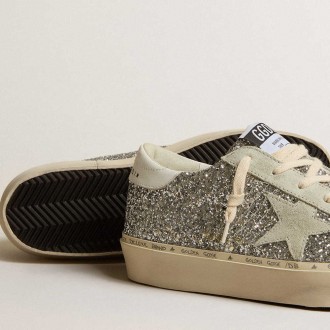 Golden Goose Women's Hi Star Sneakers In Silver Glitter With Suede Star And White Heel Tab GWF00118.F005100.70287