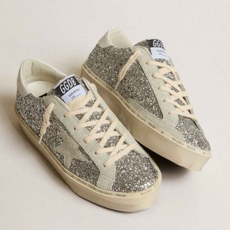 Golden Goose Women's Hi Star Sneakers In Silver Glitter With Suede Star And White Heel Tab GWF00118.F005100.70287