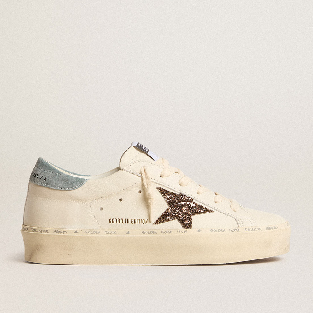 Golden Goose Women's Hi Star Sneakers LTD With Hazelnut Glitter Star And Light Blue Suede Heel Tab GWF00118.F005900.11864