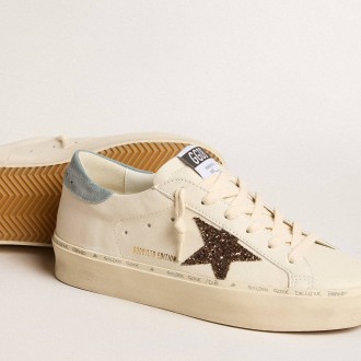 Golden Goose Women's Hi Star Sneakers LTD With Hazelnut Glitter Star And Light Blue Suede Heel Tab GWF00118.F005900.11864