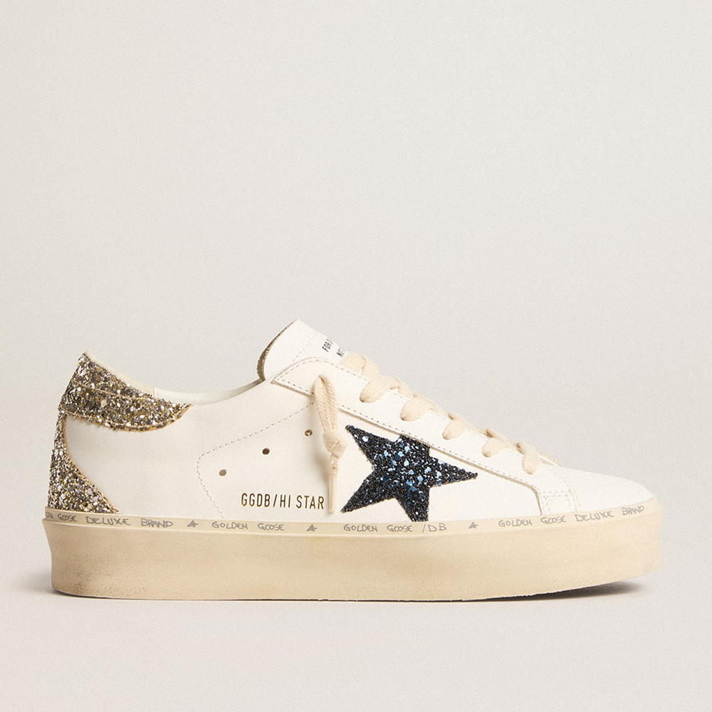 Golden Goose Women's Hi Star Sneakers With Blue Glitter Star And Platinum Glitter Heel Tab GWF00119.F005903.11339