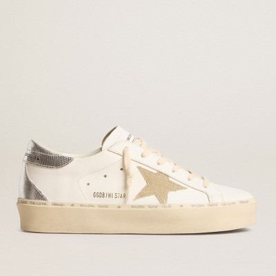 Golden Goose Women's Hi Star Sneakers With Gold Glitter Star And Lizard-print Leather Heel Tab GWF00119.F005908.10380