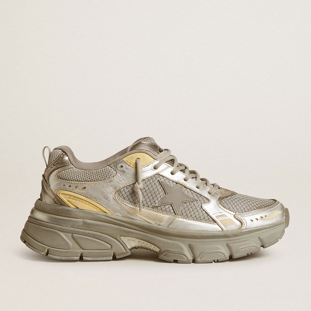 Golden Goose Women's Lightstar Sneakers In Metallic Leather And Silver Mesh With Gray Star GWF00724.F006475.70138