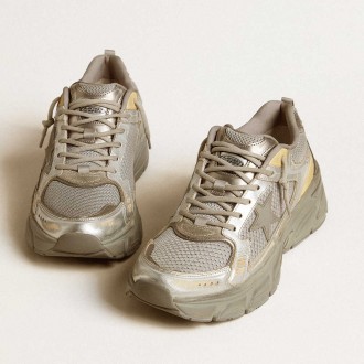 Golden Goose Women's Lightstar Sneakers In Metallic Leather And Silver Mesh With Gray Star GWF00724.F006475.70138