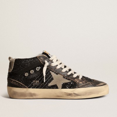 Golden Goose Women's Mid Star Sneakers In Black Glitter With Dove-gray Suede Star And Heel Tab GWF00122.F003978.90365