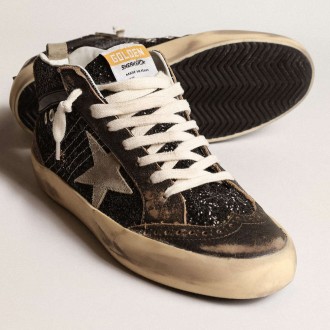 Golden Goose Women's Mid Star Sneakers In Black Glitter With Dove-gray Suede Star And Heel Tab GWF00122.F003978.90365