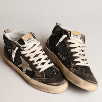 Golden Goose Women's Mid Star Sneakers In Black Glitter With Dove-gray Suede Star And Heel Tab GWF00122.F003978.90365