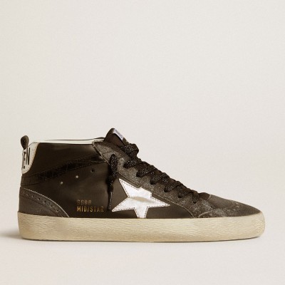 Golden Goose Women's Mid Star Sneakers In Black Leather With Silver Metallic Leather Star GWF00122.F006950.90179