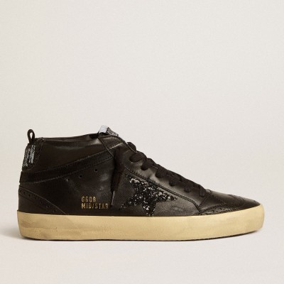 Golden Goose Women's Mid Star Sneakers In Black Nappa With Black Glitter Star And Suede Flash GWF00122.F005212.90100