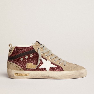 Golden Goose Women's Mid Star Sneakers In Burgundy Glitter With Gray Inserts And White Star GWF00122.F002626.81553