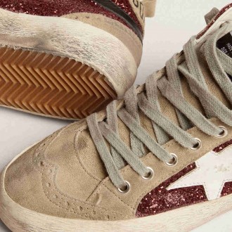 Golden Goose Women's Mid Star Sneakers In Burgundy Glitter With Gray Inserts And White Star GWF00122.F002626.81553