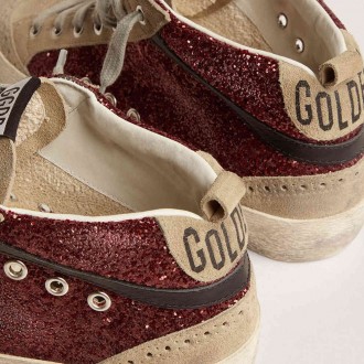 Golden Goose Women's Mid Star Sneakers In Burgundy Glitter With Gray Inserts And White Star GWF00122.F002626.81553