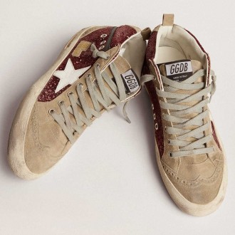 Golden Goose Women's Mid Star Sneakers In Burgundy Glitter With Gray Inserts And White Star GWF00122.F002626.81553