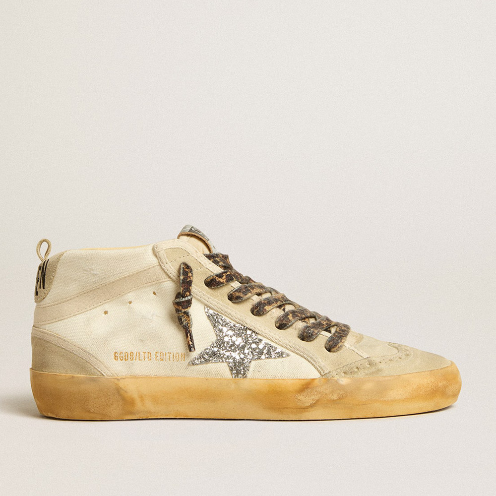 Golden Goose Women's Mid Star Sneakers In Canvas With Silver Glitter Star And Beige Flash GWF00122.F005270.15260