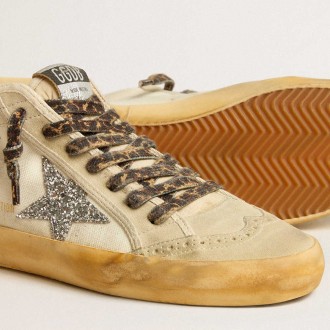 Golden Goose Women's Mid Star Sneakers In Canvas With Silver Glitter Star And Beige Flash GWF00122.F005270.15260