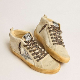 Golden Goose Women's Mid Star Sneakers In Canvas With Silver Glitter Star And Beige Flash GWF00122.F005270.15260