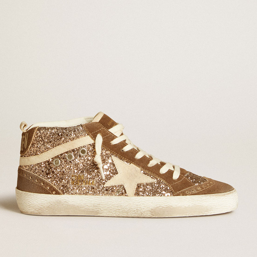 Golden Goose Women's Mid Star Sneakers In Glitter With Pearl Suede Star And Brown Suede Inserts GWF00122.F006676.82844