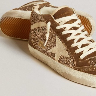 Golden Goose Women's Mid Star Sneakers In Glitter With Pearl Suede Star And Brown Suede Inserts GWF00122.F006676.82844