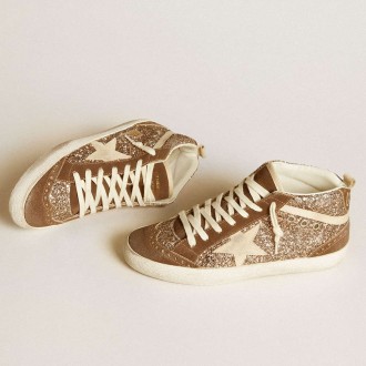 Golden Goose Women's Mid Star Sneakers In Glitter With Pearl Suede Star And Brown Suede Inserts GWF00122.F006676.82844