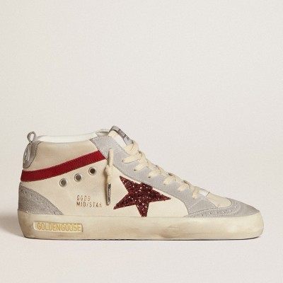 Golden Goose Women's Mid Star Sneakers In Leather With Glitter Star And Red Nubuck Flash GWF00122.F006627.82835