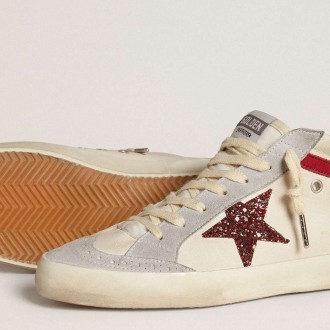 Golden Goose Women's Mid Star Sneakers In Leather With Glitter Star And Red Nubuck Flash GWF00122.F006627.82835