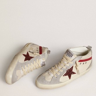 Golden Goose Women's Mid Star Sneakers In Leather With Glitter Star And Red Nubuck Flash GWF00122.F006627.82835