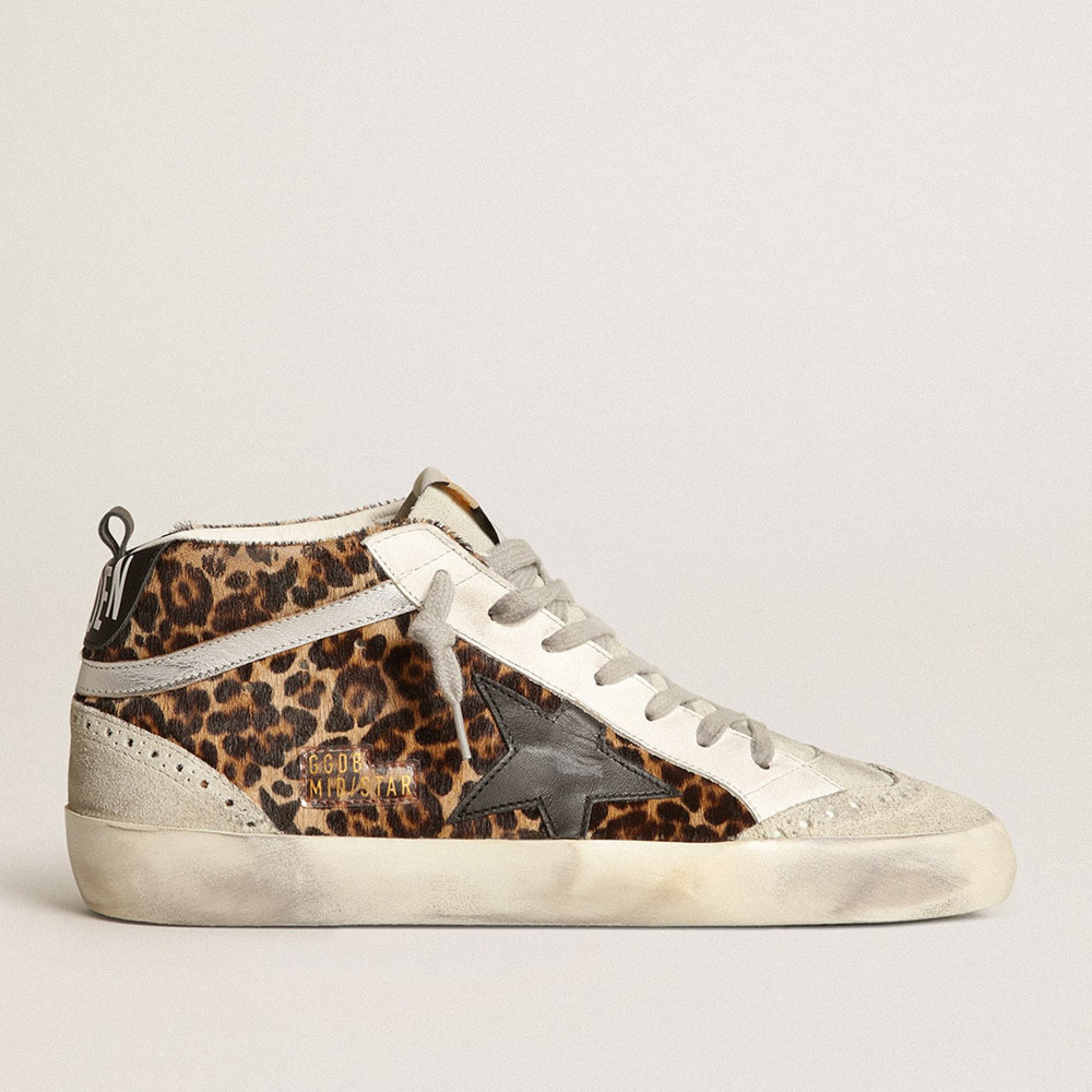 Golden Goose Women's Mid Star Sneakers In Leopard Print Pony Skin With Black Star GWF00122.F003766.81933