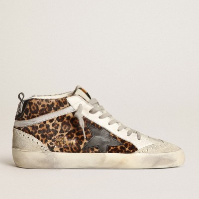 Golden Goose Women's Mid Star Sneakers In Leopard Print Pony Skin With Black Star GWF00122.F003766.81933