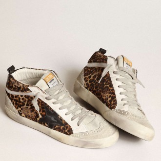 Golden Goose Women's Mid Star Sneakers In Leopard Print Pony Skin With Black Star GWF00122.F003766.81933