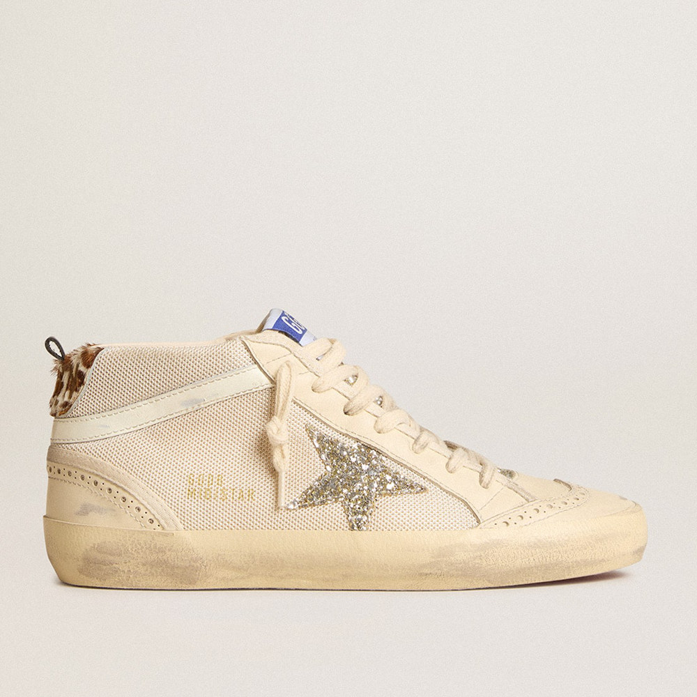 Golden Goose Women's Mid Star Sneakers In Mesh With Platinum Glitter Star And White Leather Flash GWF00122.F005919.82667