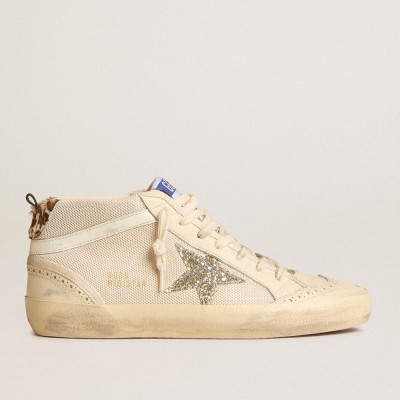 Golden Goose Women's Mid Star Sneakers In Mesh With Platinum Glitter Star And White Leather Flash GWF00122.F005919.82667