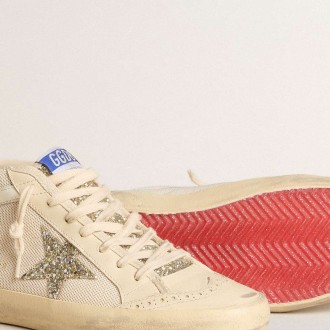 Golden Goose Women's Mid Star Sneakers In Mesh With Platinum Glitter Star And White Leather Flash GWF00122.F005919.82667