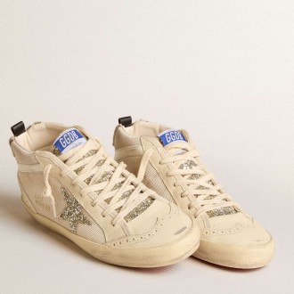 Golden Goose Women's Mid Star Sneakers In Mesh With Platinum Glitter Star And White Leather Flash GWF00122.F005919.82667