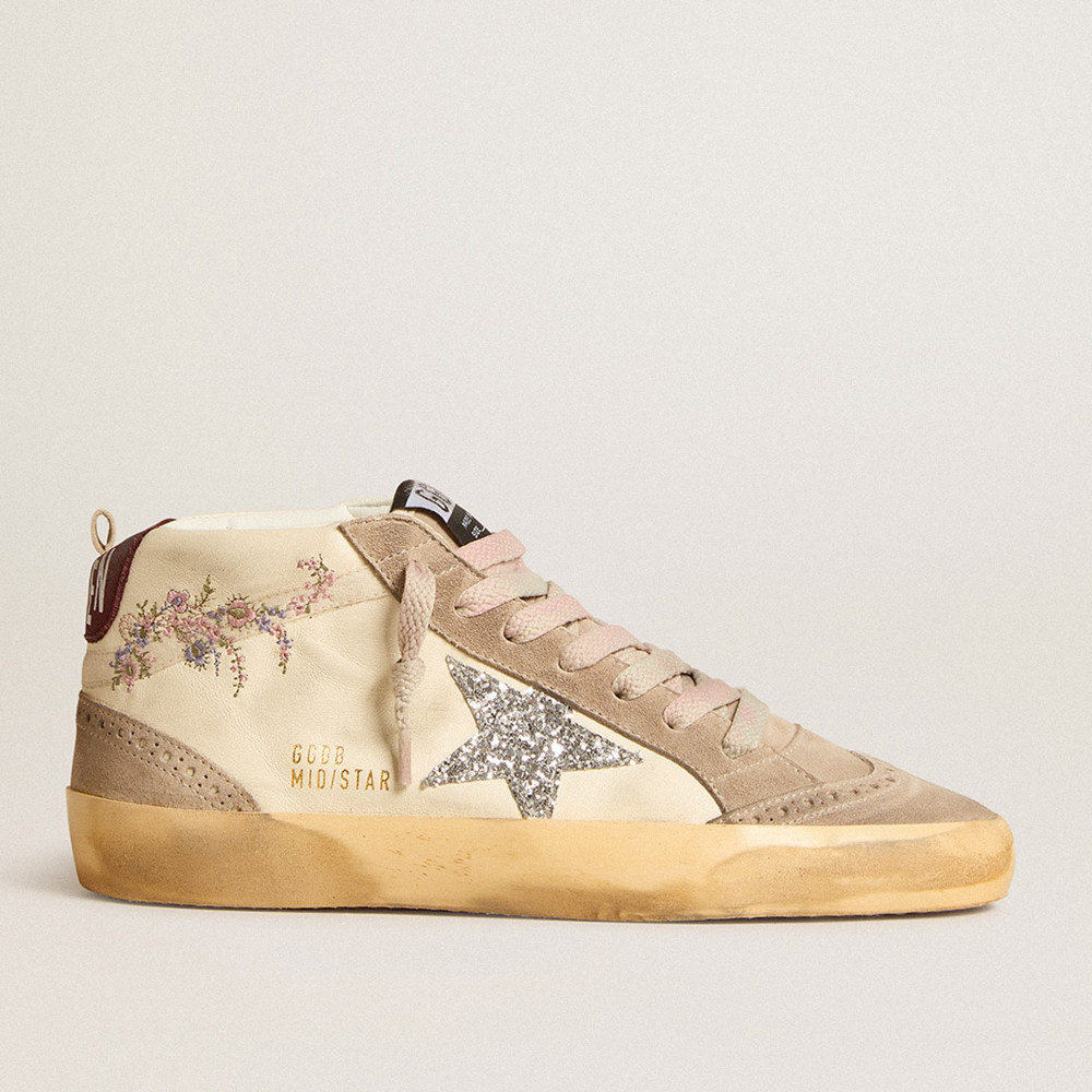 Golden Goose Women's Mid Star Sneakers In Nappa Leather With Floral Embroidery And Silver Glitter Star GWF00122.F005965.11876