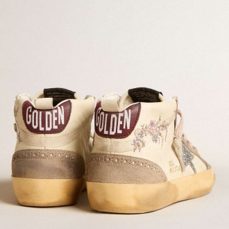 Golden Goose Women's Mid Star Sneakers In Nappa Leather With Floral Embroidery And Silver Glitter Star GWF00122.F005965.11876