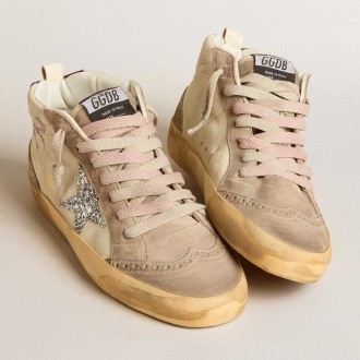 Golden Goose Women's Mid Star Sneakers In Nappa Leather With Floral Embroidery And Silver Glitter Star GWF00122.F005965.11876