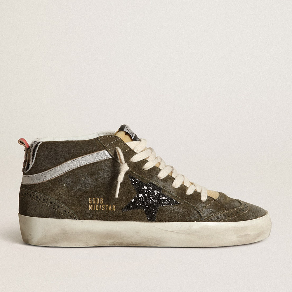 Golden Goose Women's Mid-Star In Olive-green Suede With Black Glitter Star And Pony Skin Heel Tab GWF00122.F003228.35811