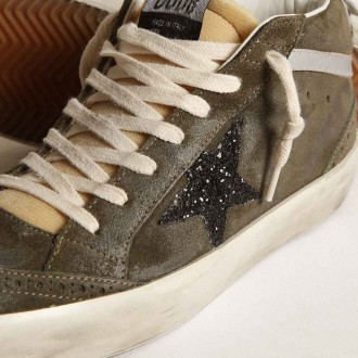 Golden Goose Women's Mid-Star In Olive-green Suede With Black Glitter Star And Pony Skin Heel Tab GWF00122.F003228.35811