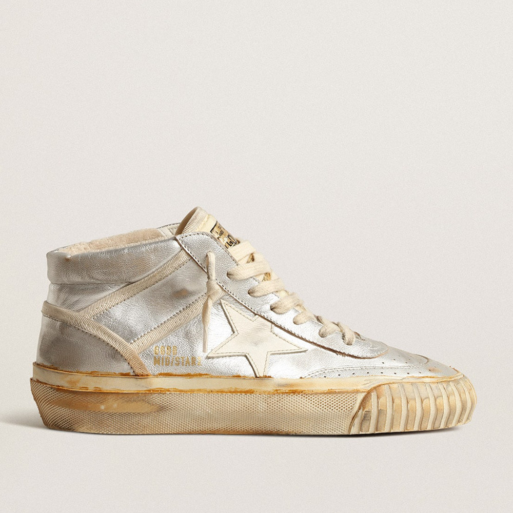 Golden Goose Women's Mid Star Sneakers In Silver Metallic Leather With Ivory Star GWF00408.F004083.70259